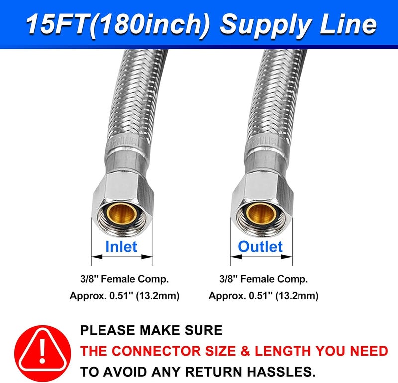 SPUREST 15FT Stainless Steel Braided Water Supply Line for Dishwasher, Brass 3/8 Inch Compression x 3/8 Inch Compression Connections, Food Grade PEX Inner Tube Water Hose - Image 4